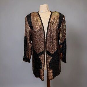 VTG Rina Z 100% Silk Sequin Jacket Bronze Black Geometric M
